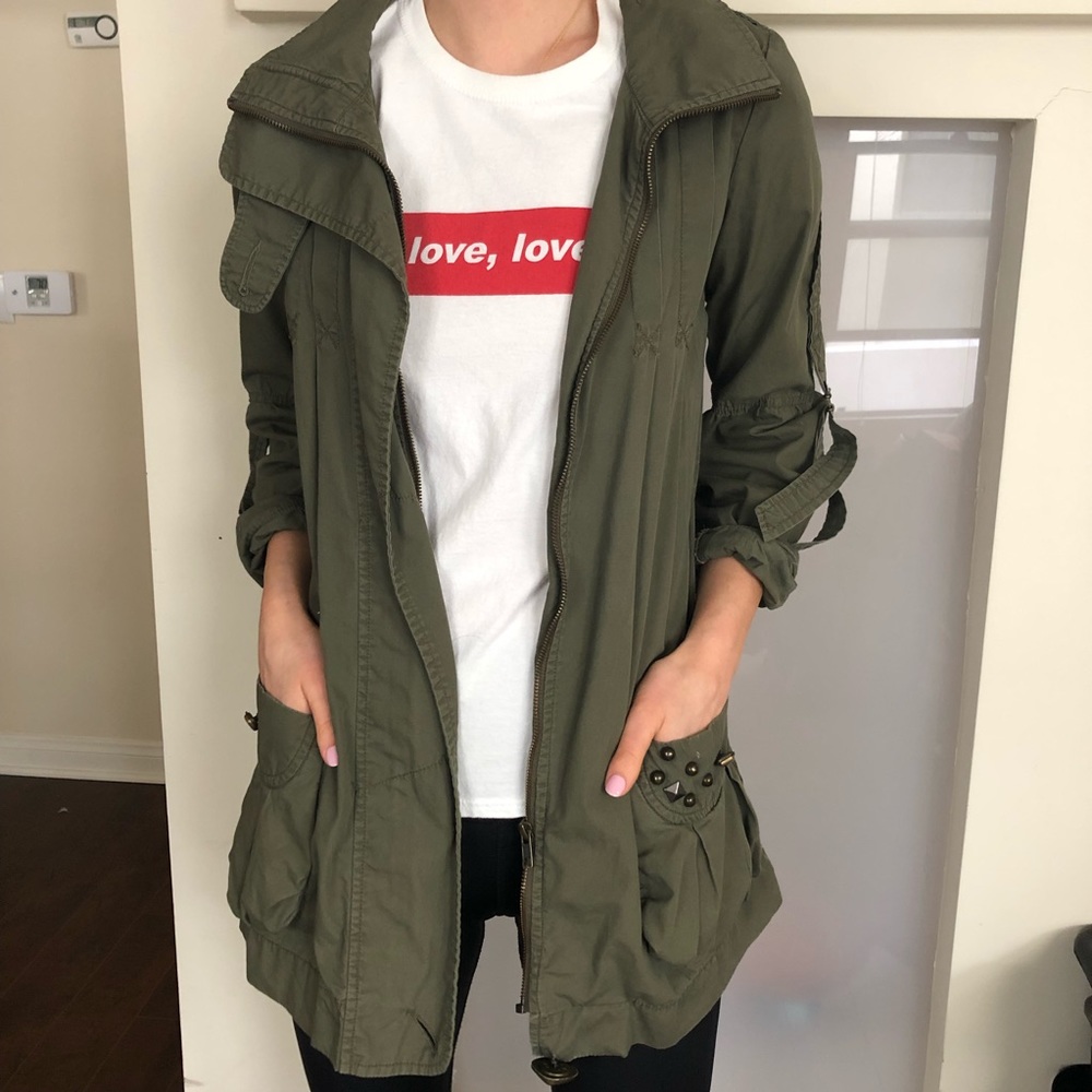 Khaki Military Jacket thigh length, zip up Size S